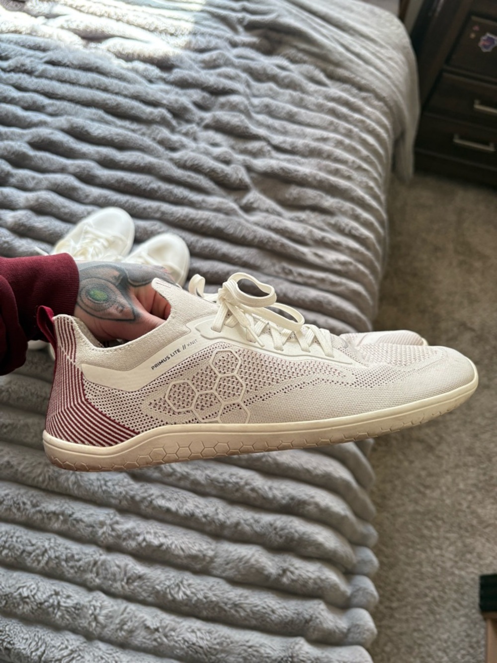 Vivo Barefoot Light Cream Athletic Sneaker with Burgundy Heel